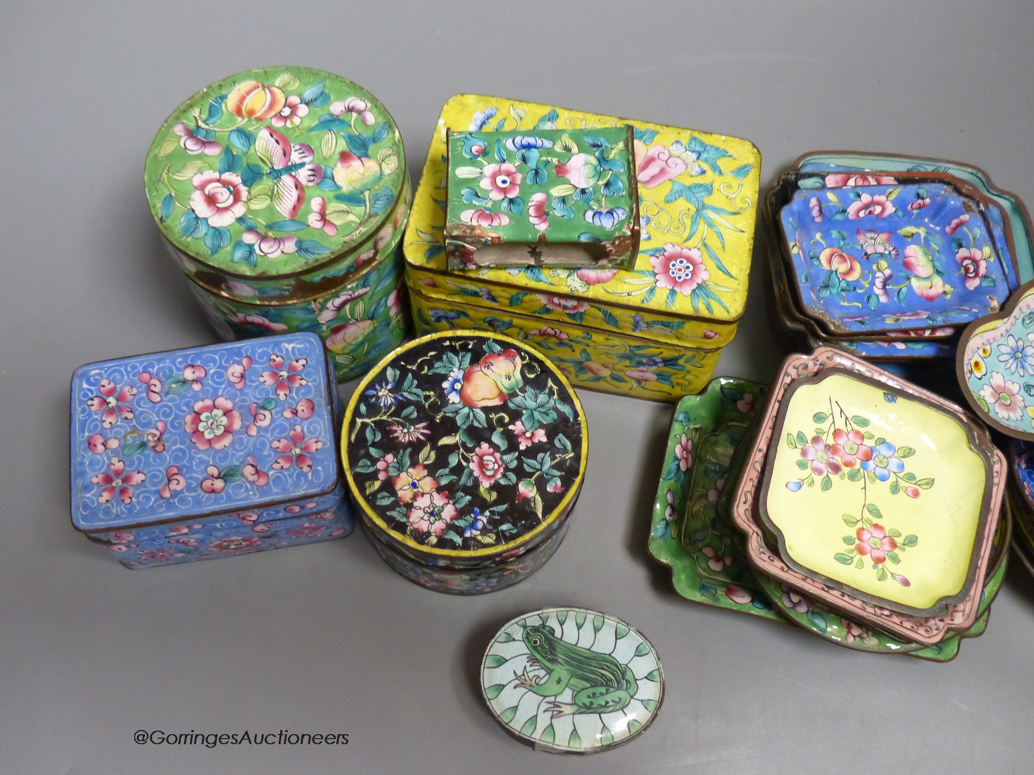 A collection of Chinese Canton enamel boxes and dishes